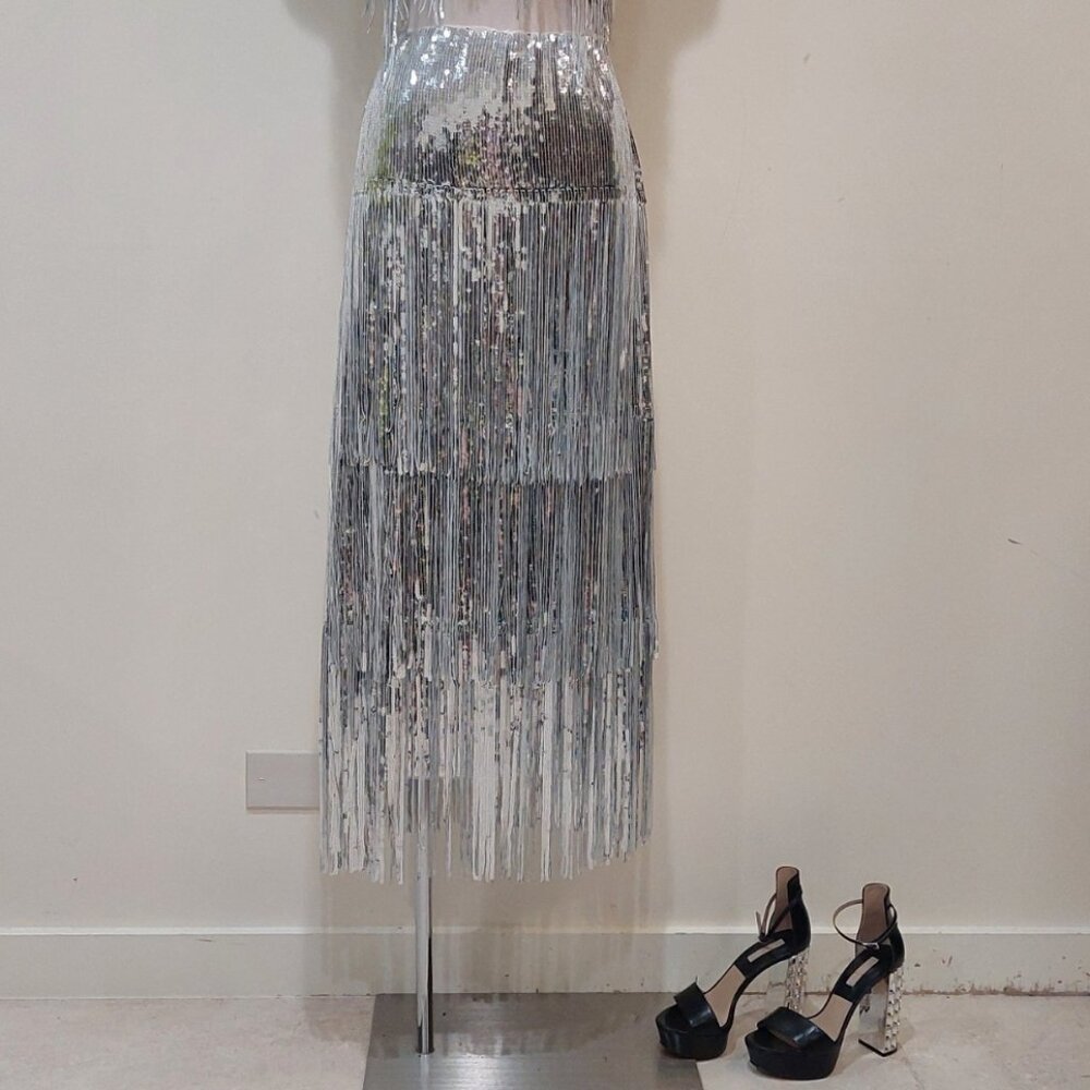 🖤💥UBER STUNNING!🖤💥Roaring 20s Vibe Tatiana Fringed Sequin Skirt in Silver - Picture 13 of 15